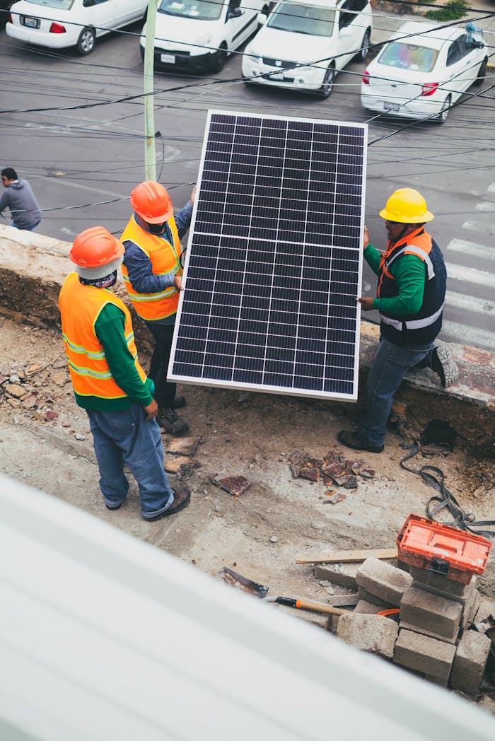 hero-services Workers in safety gear installing a solar panel outdoors.